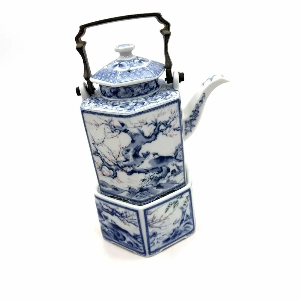 Vintage Dolphin Dynasty Blue Porcelain Hexagonal Teapot Warmer & Brass Handle